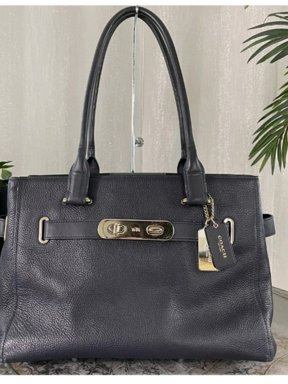 Coach Swagger Navy Blue Pebbled Leather Satchel with Gold Hardware